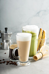 Espresso, regular coffee and matcha latte