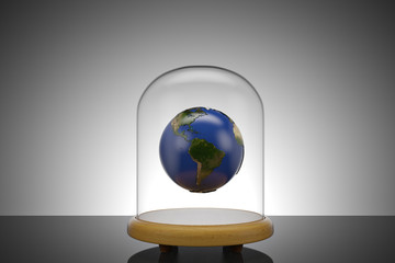 Planet in glass bell with wooden base include path.3D illustration