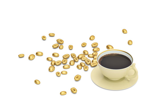 Golden coffee beans with coffee on white background.3D illustration.