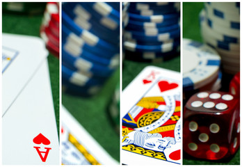 Stack Poker chips pair dice ace king hearts playing cards face up. Copyspace.