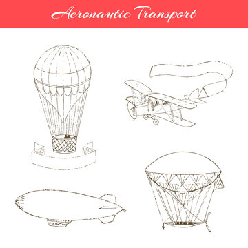 Set of  hand drawn aeronautic transport. Vector icons isolated on white.
