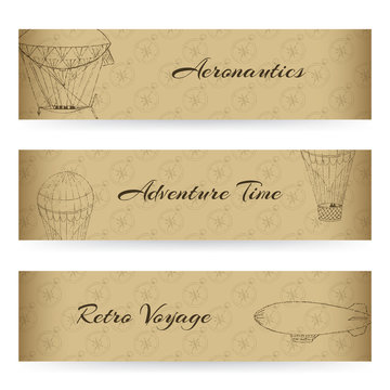 Web banners with hand drawn elements on aeronautics theme. Vintage style. Vector illustration. You can put your own text message.