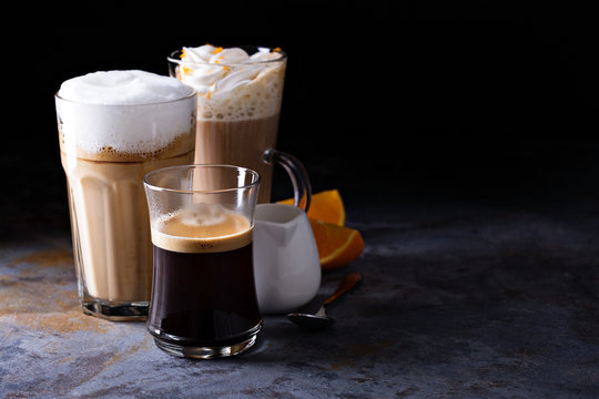 Coffee latte, black espresso and viennese coffee