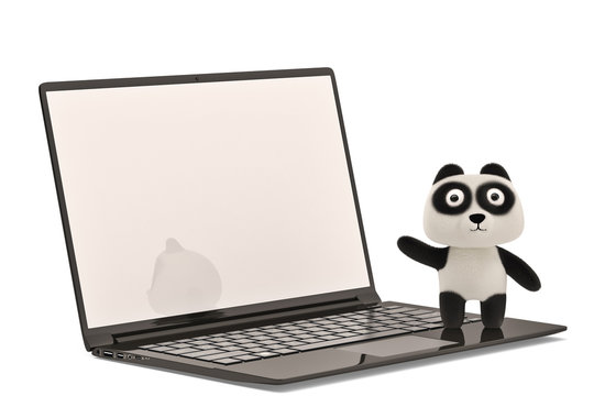 A laptop and cartoon panda on white background.3D illustration.