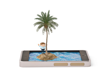 Tropical island on mobile phone lonely concept.3D illustration.