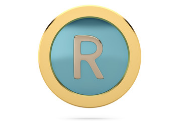 Golden ring with alphabet R on white background.3D illustration.