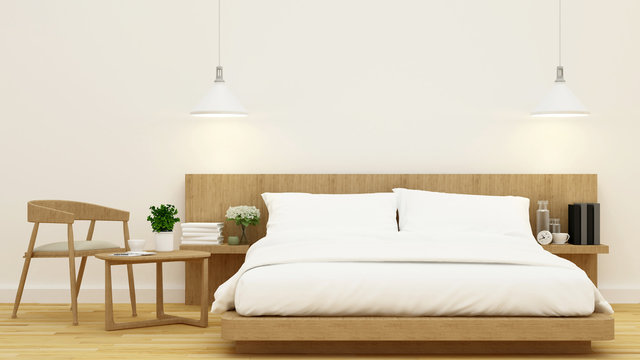 bedroom in wooden design and frame for artwork- 3d rendering