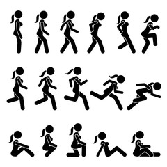 Basic Woman Walk and Run Actions and Movements. Artworks depict a female human walking and running in various motions, positions, and postures. 