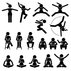 Basic Woman Jump and Sit Actions and Positions. Artworks depict a female human jumping and sitting in various motions and postures. 