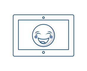 tablet device with cartoon face icon on screen over white background. vector illustration