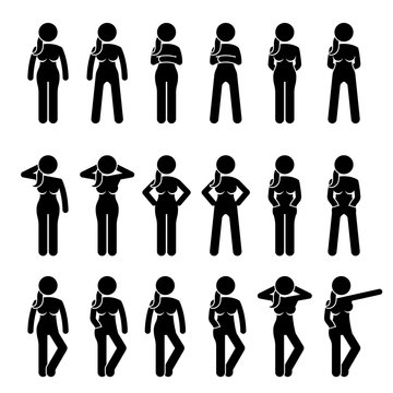 Basic Woman Standing Postures and Poses. Artworks depict a female human standing in various positions with different body languages. 