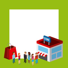 people, store building isometric icon over white background. colorful design. vector illustration