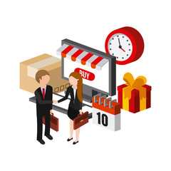 computer and shopping related isometric icons over white background. colorful design. vector illustration