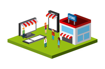 store building and people isometric icons over white background. colorful design. vector illustration