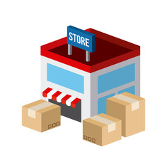 boxes and store building isometric icon over white background. colorful design. vector illustration