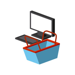 computer and shopping basket and icon over white background. colorful design. vector illustration