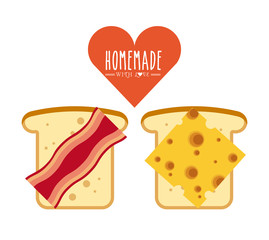 loaf with bacon and cheesse icon over white background. homemade with love concept. colorful design. vector illustration