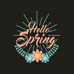 spring season card with decorative flowers over black background. colorful design. vector illustration