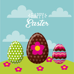 happy easter card with easter eggs, icon. colorful desing. vector illustration