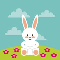 flowers and easter bunny icon over blue background. colorful design. vector illustration