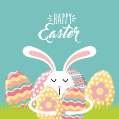 happy easter card with bunny icon over blue background. colorful desing. vector illustration