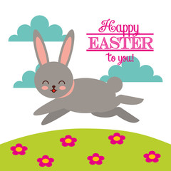 happy easter card with bunny icon over white background. colorful desing. vector illustration