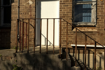 Building disrepair metal stairs paint peeling copyspace.