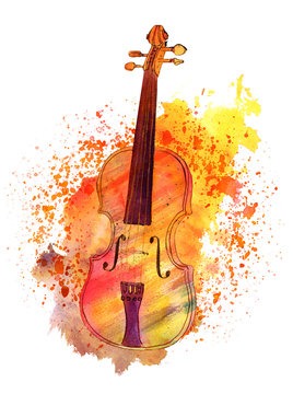Watercolour drawing of violin with paint splashes and copyspace