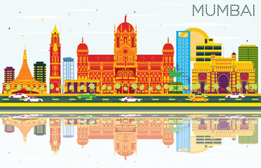 Fototapeta na wymiar Mumbai Skyline with Color Buildings, Blue Sky and Reflections.
