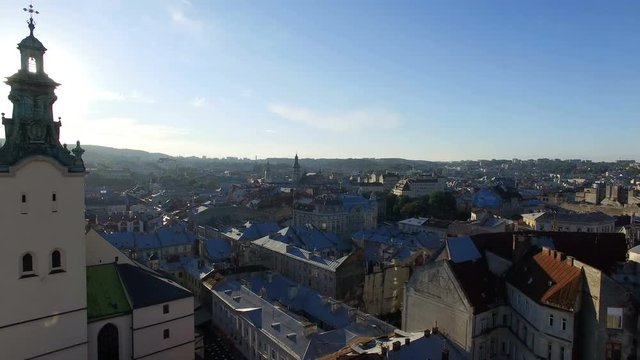 AERIAL flight over ancient church in Lviv.