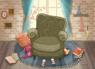 Cute Living Room. Video Game's Digital CG Artwork, Concept Illustration, Realistic Cartoon Style Background
