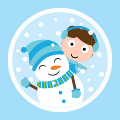 Cute boy and snowman on circle frame vector carton for Xmas postcard, wallpaper, greeting card, vector illustration