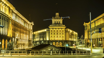 Fototapeta na wymiar Night view in the center of Sofia church of St Petka, Council of Ministers, National Assembly and the presidency. Bulgaria 