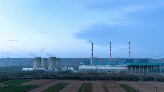 time lapse of thermal power plant in nightfall on loess plateau, at pingliang city, gansu province,China
