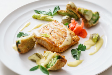 salmon steak with vegetables