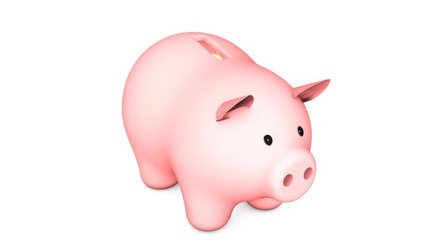 3d animation: Pink piggy bank with Golden (copper) coin on a white isolated background. Tokens falling into in the money box. Seamless loop
