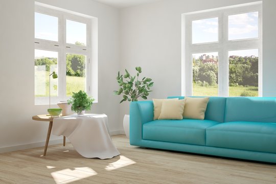 White room with sofa and green landscape in window. Scandinavian interior design. 3D illustration