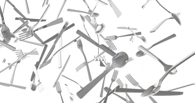 Flying cutlery storm / 3D animation of spinning knives, forks and spoons drifting across screen