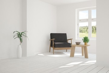 White room with armchair and green landscape in window. Scandinavian interior design. 3D illustration