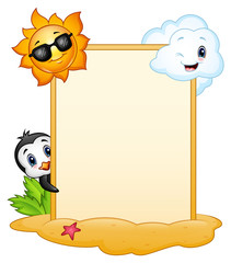 Summer signboard with penguin, sun character and smiling clouds
