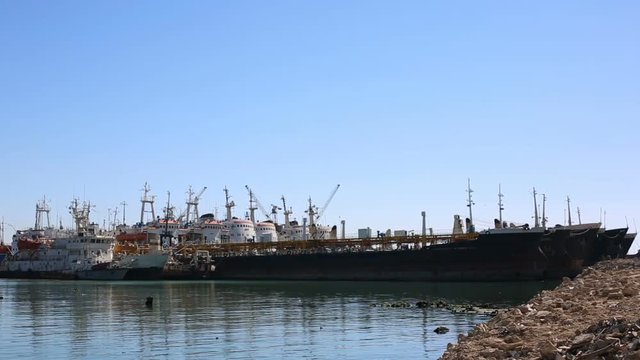 Tankers lie at anchor at the old Caspian Shipyard