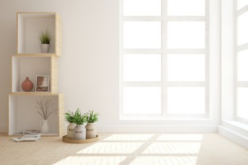 White modern room with shelf. Scandinavian interior design. 3D illustration