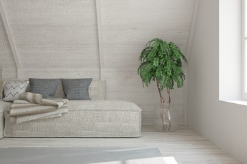 White modern room with sofa. Scandinavian interior design. 3D illustration