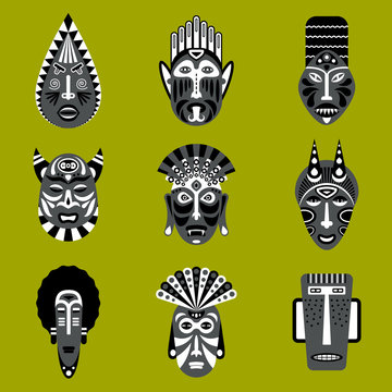 Set of ethnic mask icons in flat style. EPS10 vector collection of african tribal mask icons.