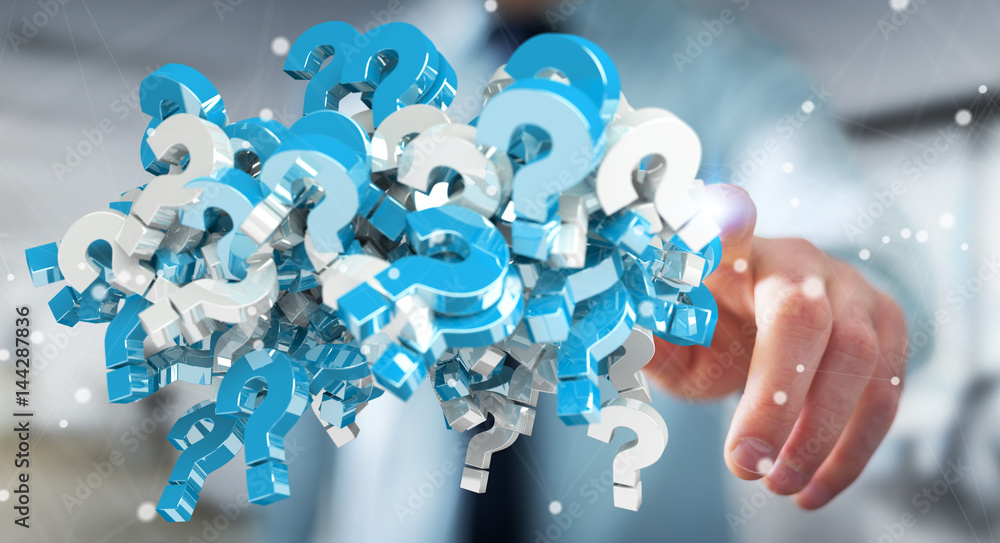 Poster businessman using 3d rendering question marks