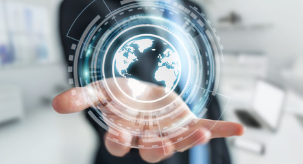 Businessman using web interface to surf on internet 3D rendering