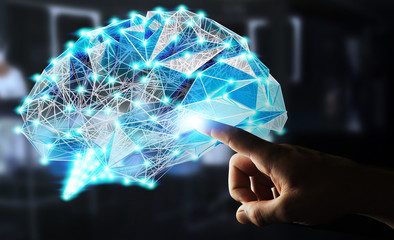 Businessman touching digital x-ray human brain with his finger 3D rendering