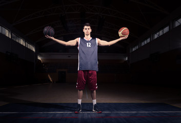Fototapeta na wymiar basketball player holding two balls, two hands