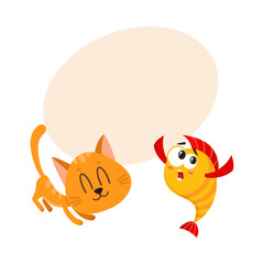Funny smiling cat, kitten character trying to catch and eat golden, yellow fish, cartoon vector illustration with space for text. Golden fish and little cat, kitten characters, mascots