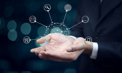 Hands holding circle global network connection